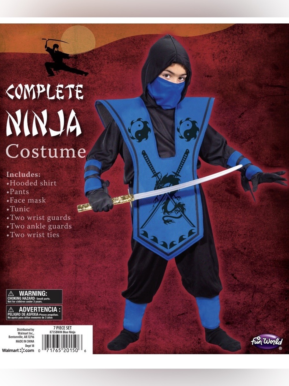 Blue Ninja Kids Costume with Hooded Tunic and Mask